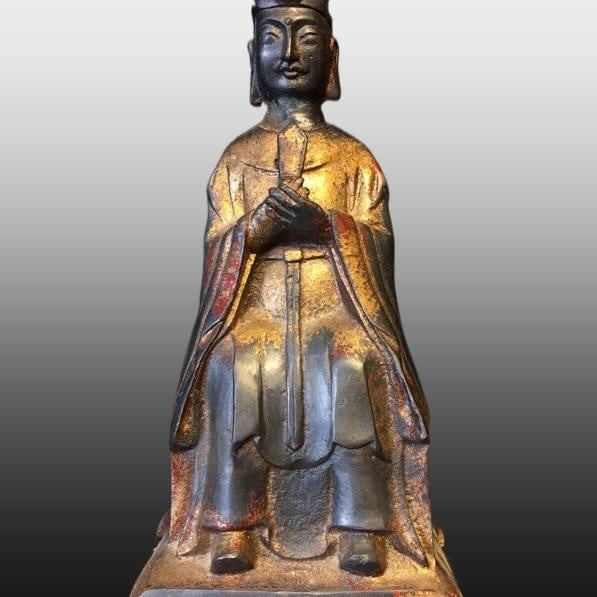 A Exquisite Coppery Gilt Cinnabar Statue of Mammon Ornament: A Exquisite Coppery Gilt Cinnabar Statue of Mammon Ornament,Qing Dynasty, China,Size:8.7inx4.7in ,Weight:1280g