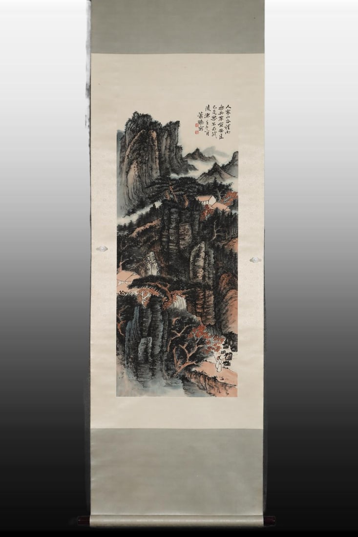 A Chinese Vertical Scroll Ink Painting of Landscape on Paper: A Chinese Vertical Scroll Ink Painting of Landscape on Paper,Modern Time of China,Xiao Qianzhong,without frame size:40.2inx16.5in