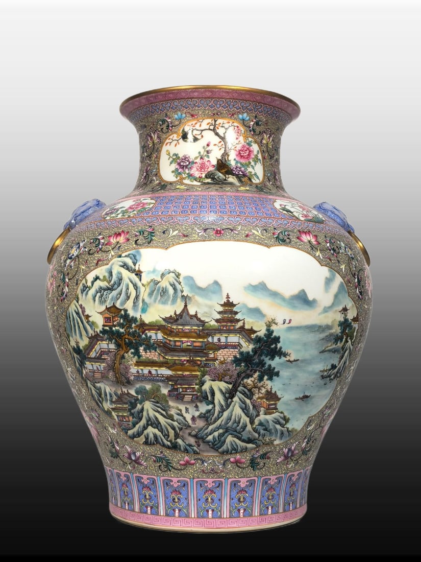 A Exquisite Enamel Landscape Pattern Lion-Ears Vase (1 of 8)