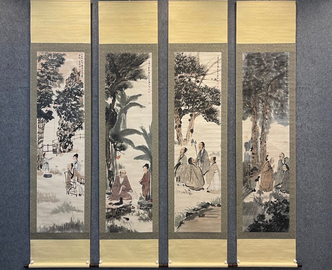A Set of Chinese Vertical Scroll Ink Paintings of Figures on Paper: A Set of Chinese Vertical Scroll Ink Paintings of Figures on Paper,Modern Time of China,Fu Baoshi,without frame size:19.7inx70.9in