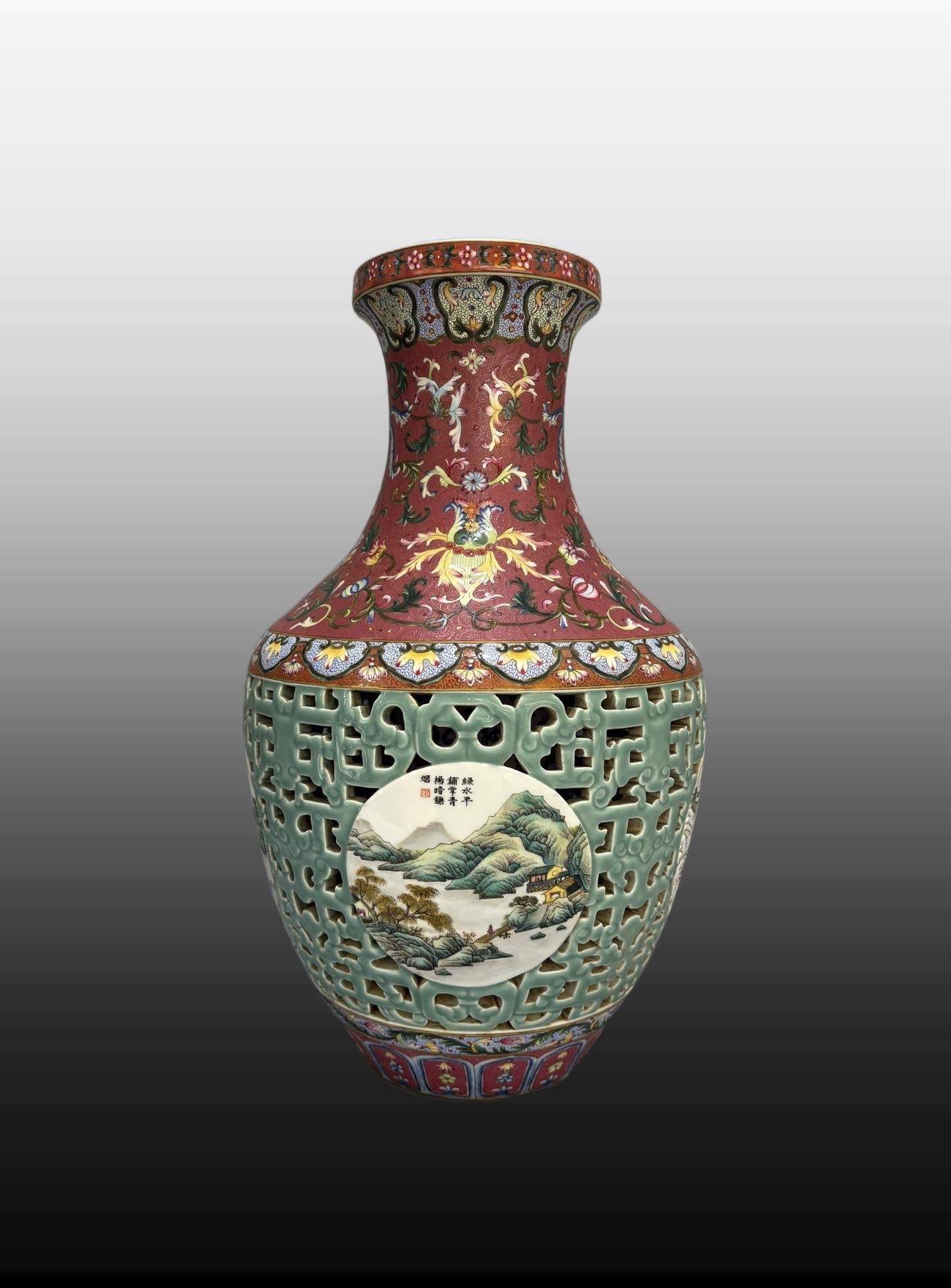 A Exquisite Enamel Ruby Red Landscape Pattern Vase: A Exquisite Enamel Ruby Red Landscape Pattern Vase,Qing Dynasty, China,Qianlong Six-character Mark,Size:16.1inx10.4in
