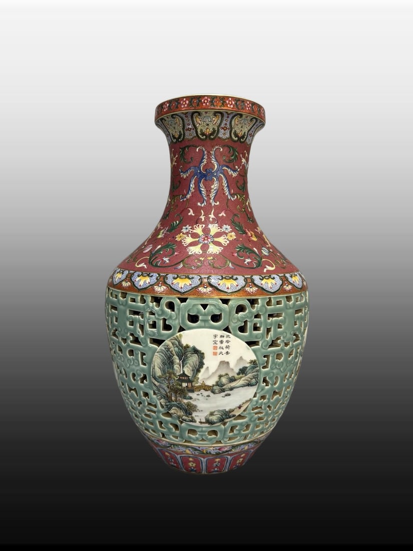 A Exquisite Enamel Ruby Red Landscape Pattern Vase - 7