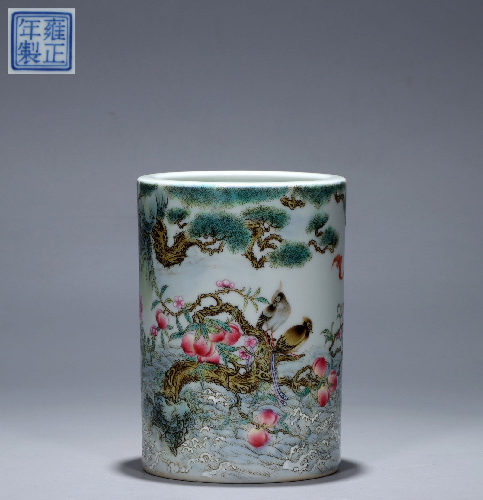 A Exquisite Famille-Rose Flower and Bird Pattern Brush Pot: A Exquisite Famille-Rose Flower and Bird Pattern Brush Pot,Qing Dynasty, China,Yongzheng Four-character Mark,Size:5.7inx4.1in,Weight:545g