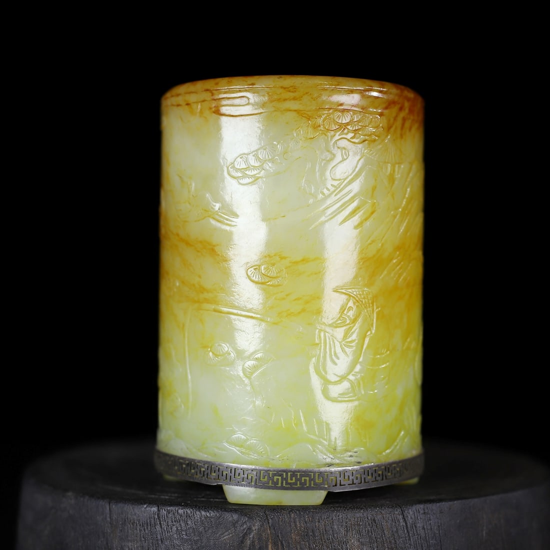 A Exquisite Hotan Jade Cover with Silver Figures Pattern Brush Pot (1 of 8)