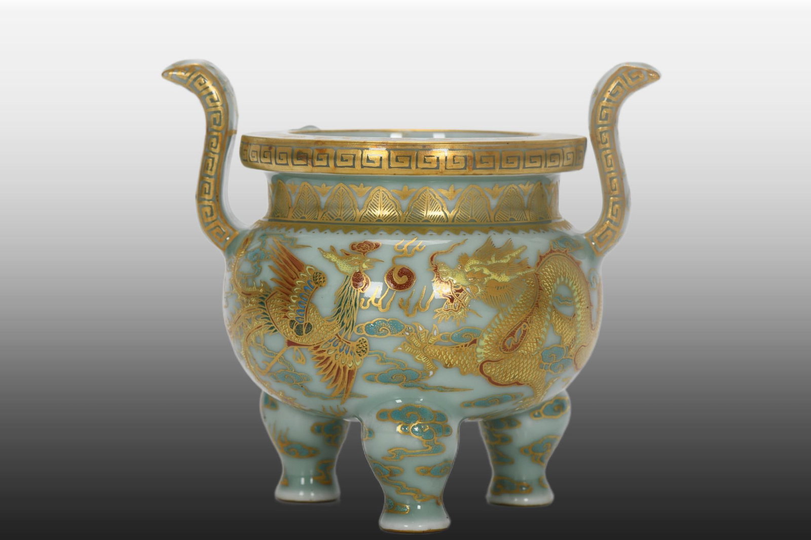 A Exquisite Pea Green Glaze Painted Gold Dragon and Phoenix Pattern Censer: A Exquisite Pea Green Glaze Painted Gold Dragon and Phoenix Pattern Censer,Qing Dynasty, China,Qianlong Four-character Mark,Size:3.7inx2.8inx4.3inx2.4in