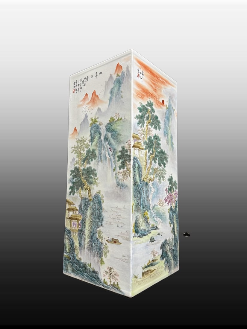 A Exquisite Famille-Rose Landscape Pattern Brush Pot: A Exquisite Famille-Rose Landscape Pattern Brush Pot,Republic of China,Size:21.7inx9.1in 粉彩山水纹笔筒,民国