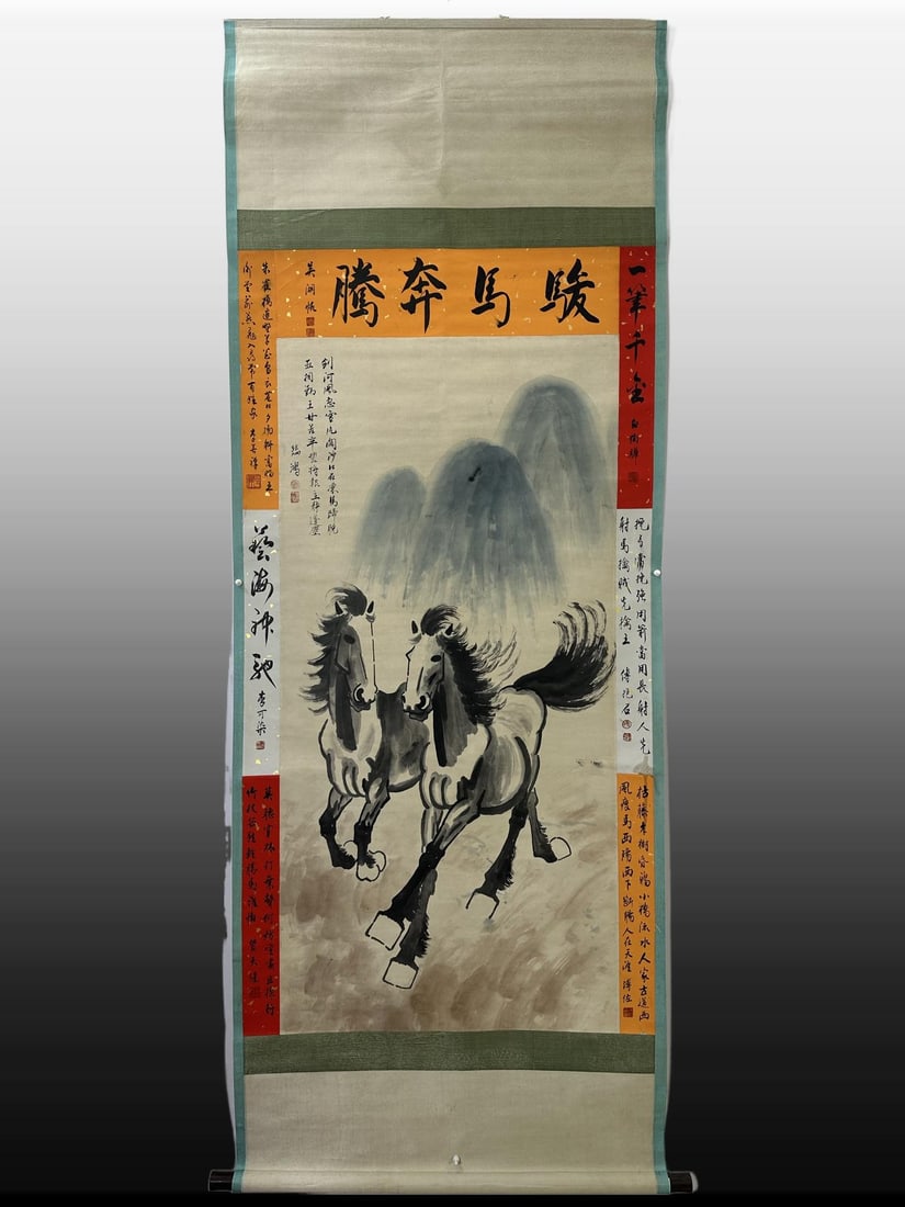 A Chinese Vertical Scroll Ink Painting of Horse on Paper: A Chinese Vertical Scroll Ink Painting of Horse on Paper,Modern Time of China,Xu Beihong,without frame size:59.1inx31.5in 一幅中国水墨纸本马ஹ