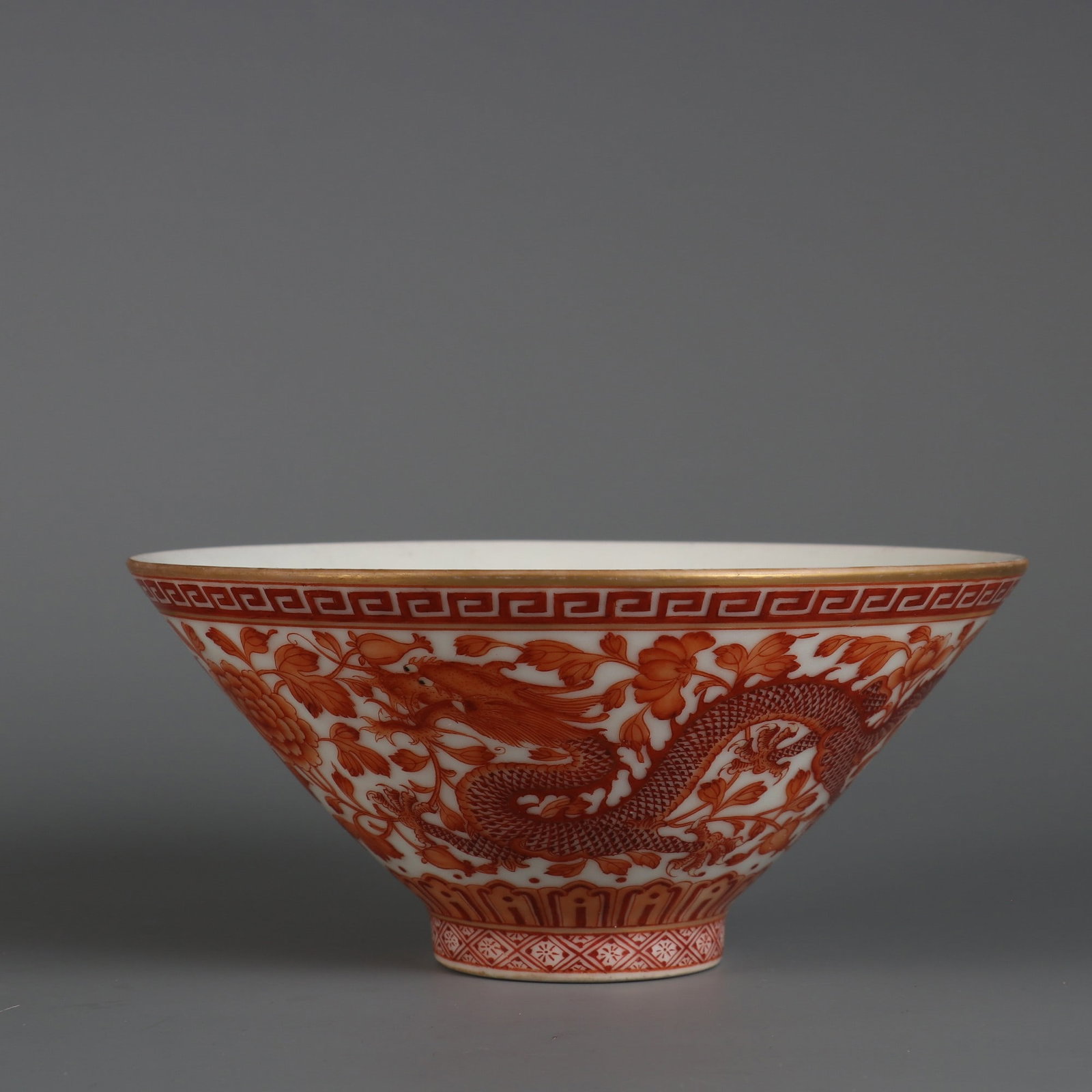 A Exquisite Iron-Red Dragon and Phoenix Pattern Bowl: A Exquisite Iron-Red Dragon and Phoenix Pattern Bowl,Qing Dynasty, China,Qianlong Six-character Mark,Size:2.8inx5.9in 矾红彩龙凤纹碗,中国清&