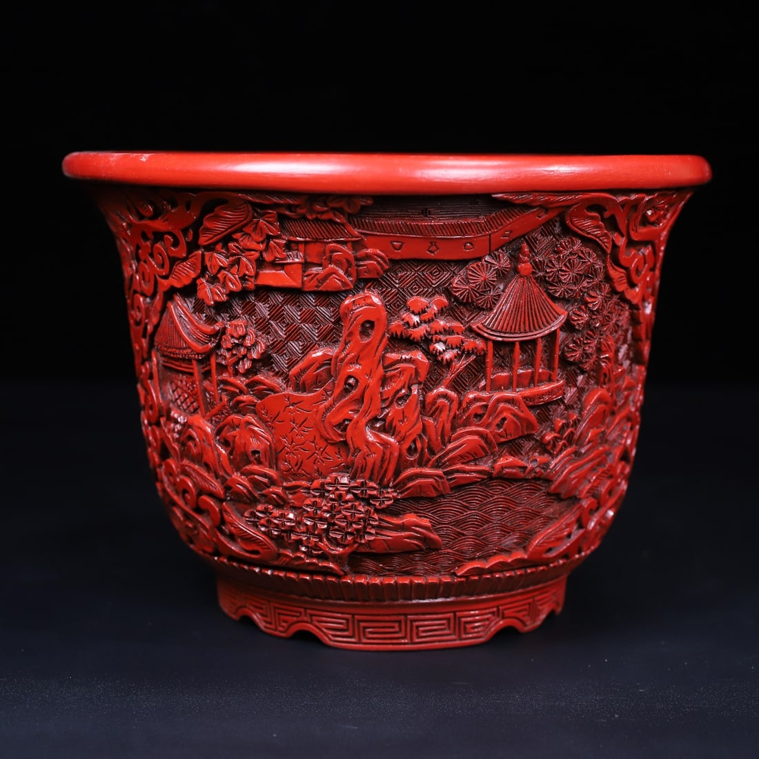 A Exquisite Carved Red Lacquer Landscape Pattern Flowerpot: A Exquisite Carved Red Lacquer Landscape Pattern Flowerpot,Qing Dynasty, China,Size:7.9inx5.5inx7.9in