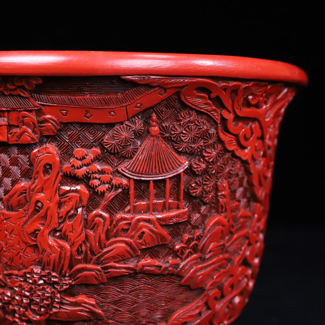 A Exquisite Carved Red Lacquer Landscape Pattern Flowerpot - 2