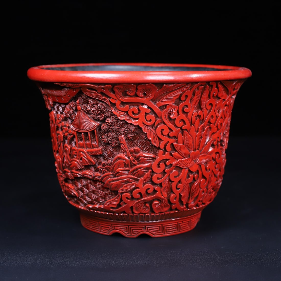 A Exquisite Carved Red Lacquer Landscape Pattern Flowerpot - 3
