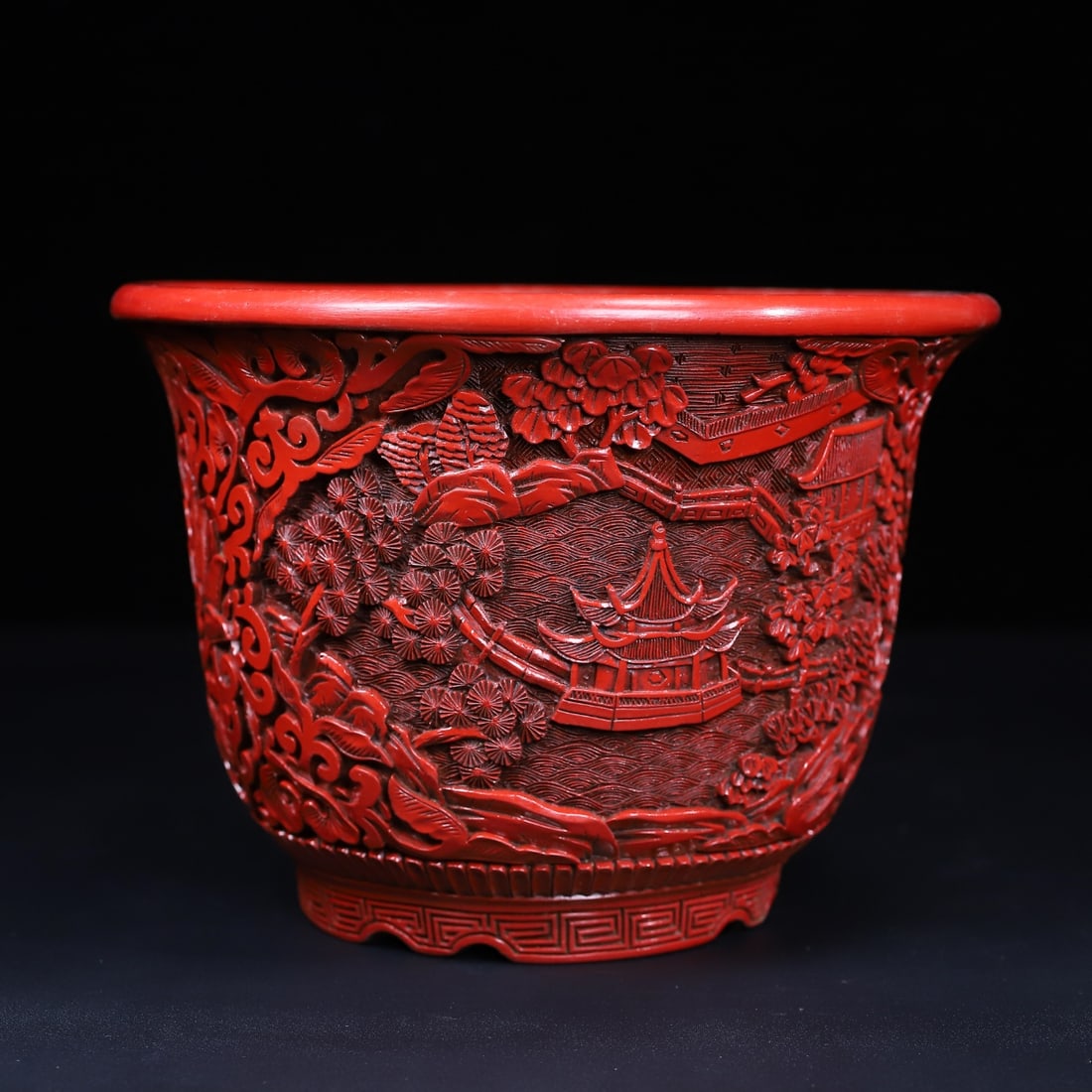 A Exquisite Carved Red Lacquer Landscape Pattern Flowerpot - 5