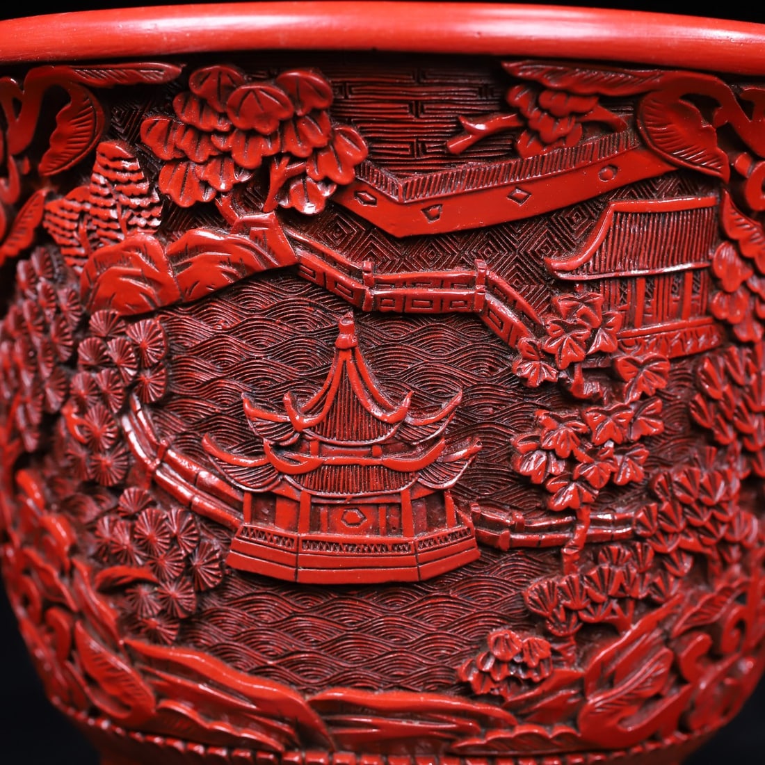 A Exquisite Carved Red Lacquer Landscape Pattern Flowerpot - 6