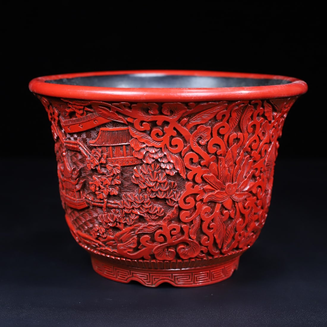 A Exquisite Carved Red Lacquer Landscape Pattern Flowerpot - 7