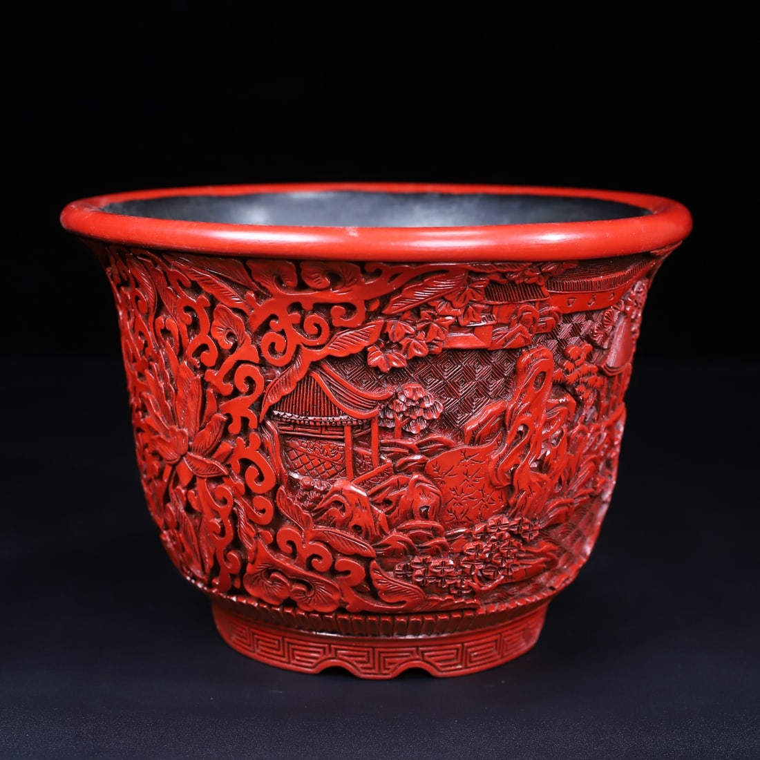 A Exquisite Carved Red Lacquer Landscape Pattern Flowerpot - 9
