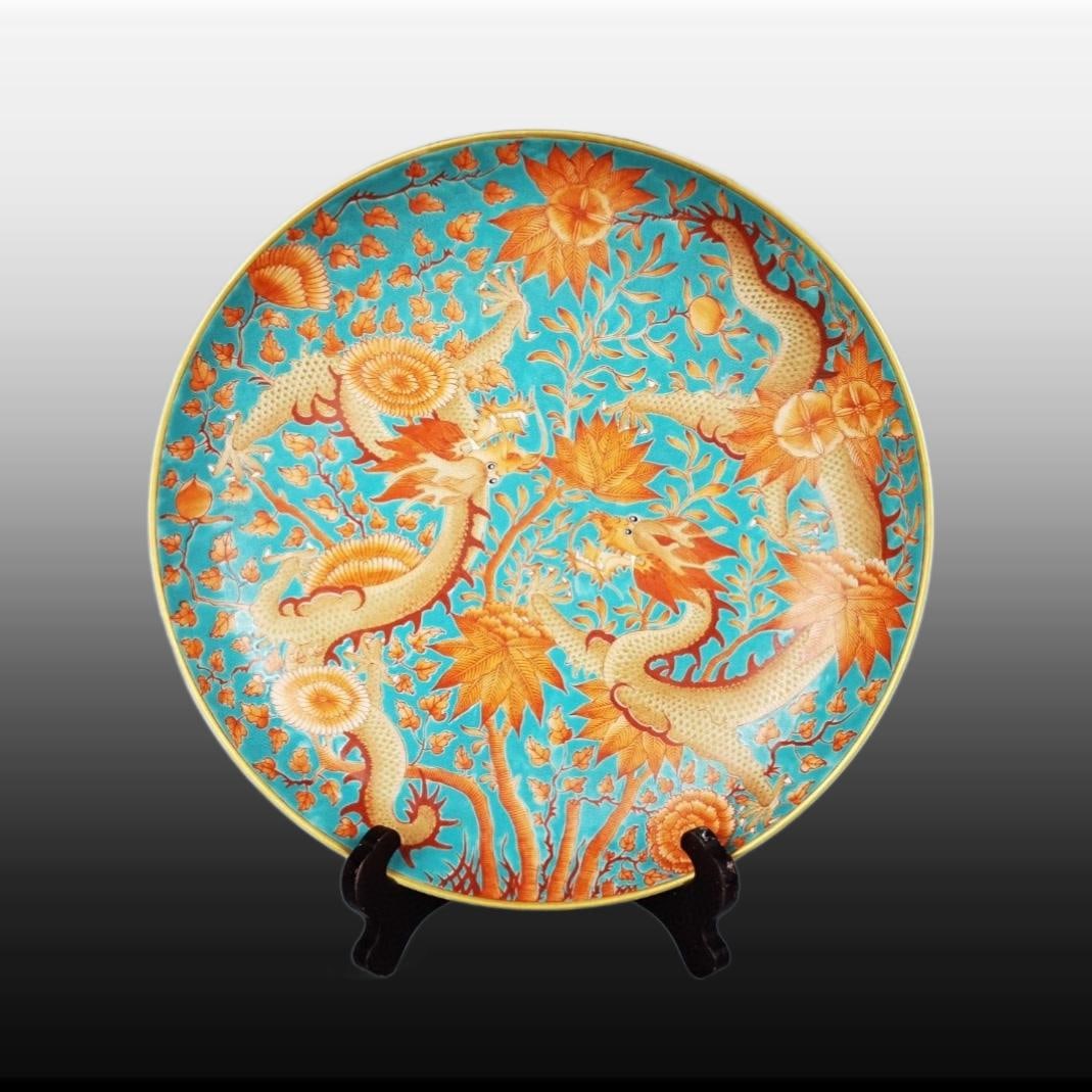 Turquoise-Glazed Ground Iron-Red Dragon Pattern Plate: Turquoise-Glazed Ground Iron-Red Dragon Pattern Plate,Qing Dynasty, China,Jiaqing Six-character Mark,Size:2.4inx12.2in 松石绿地矾红龙纹盘,中
