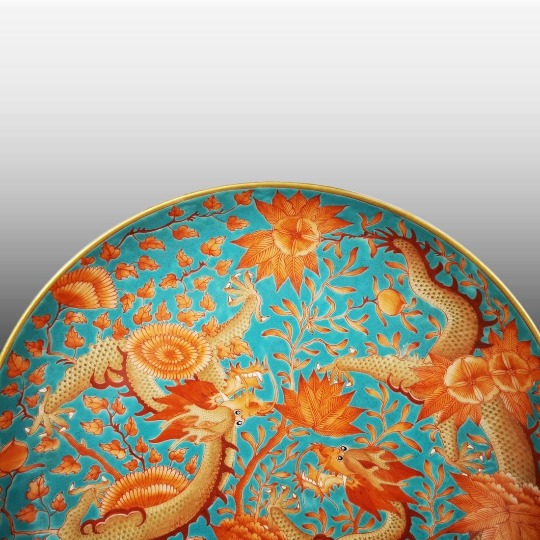 Turquoise-Glazed Ground Iron-Red Dragon Pattern Plate - 2