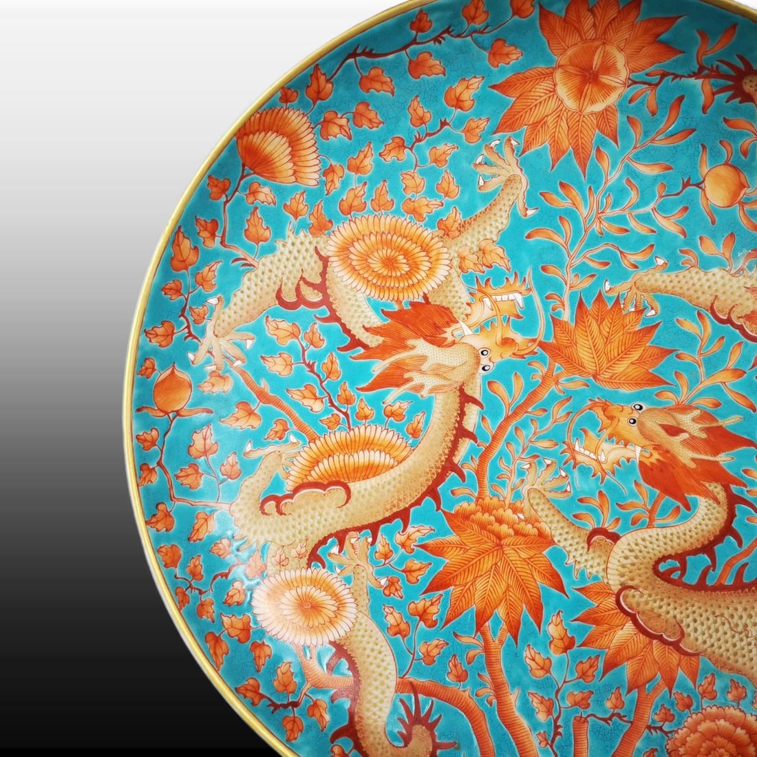 Turquoise-Glazed Ground Iron-Red Dragon Pattern Plate - 3