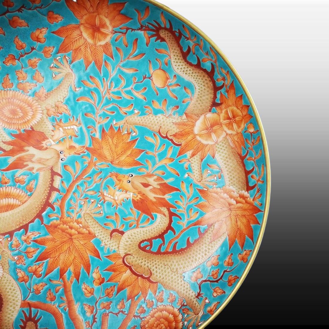 Turquoise-Glazed Ground Iron-Red Dragon Pattern Plate - 4
