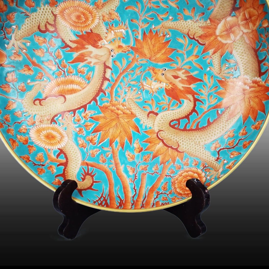 Turquoise-Glazed Ground Iron-Red Dragon Pattern Plate - 5