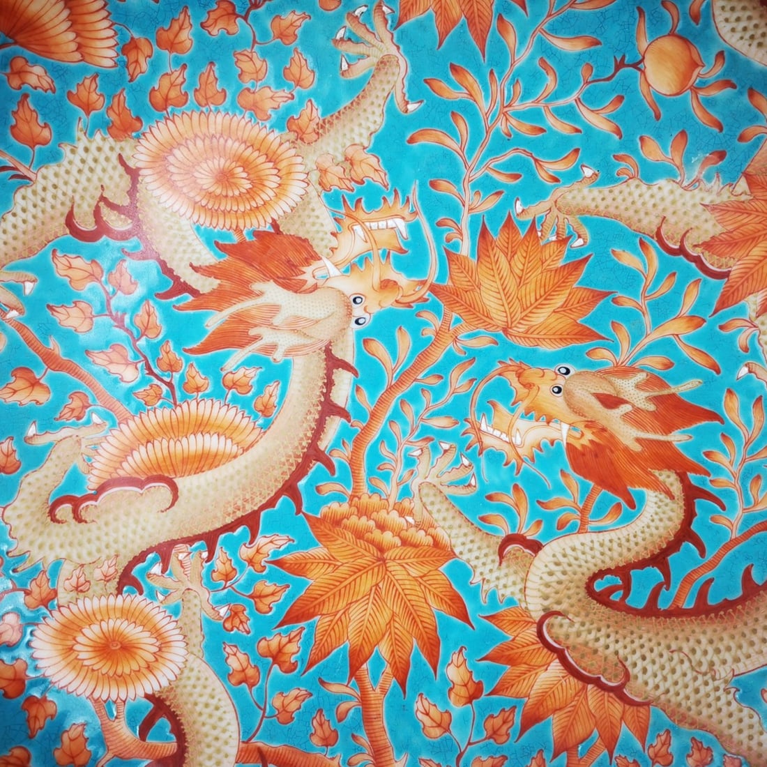 Turquoise-Glazed Ground Iron-Red Dragon Pattern Plate - 6