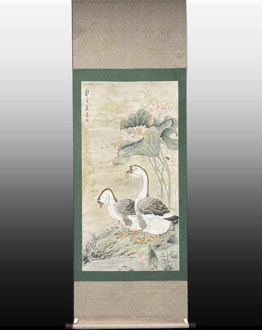 A Chinese Vertical Scroll Ink Painting of Flowers and Birds on Paper: A Chinese Vertical Scroll Ink Painting of Flowers and Birds on Paper,Modern Time of China,Zheng Naiguang,without frame size:27.6inx55.1in