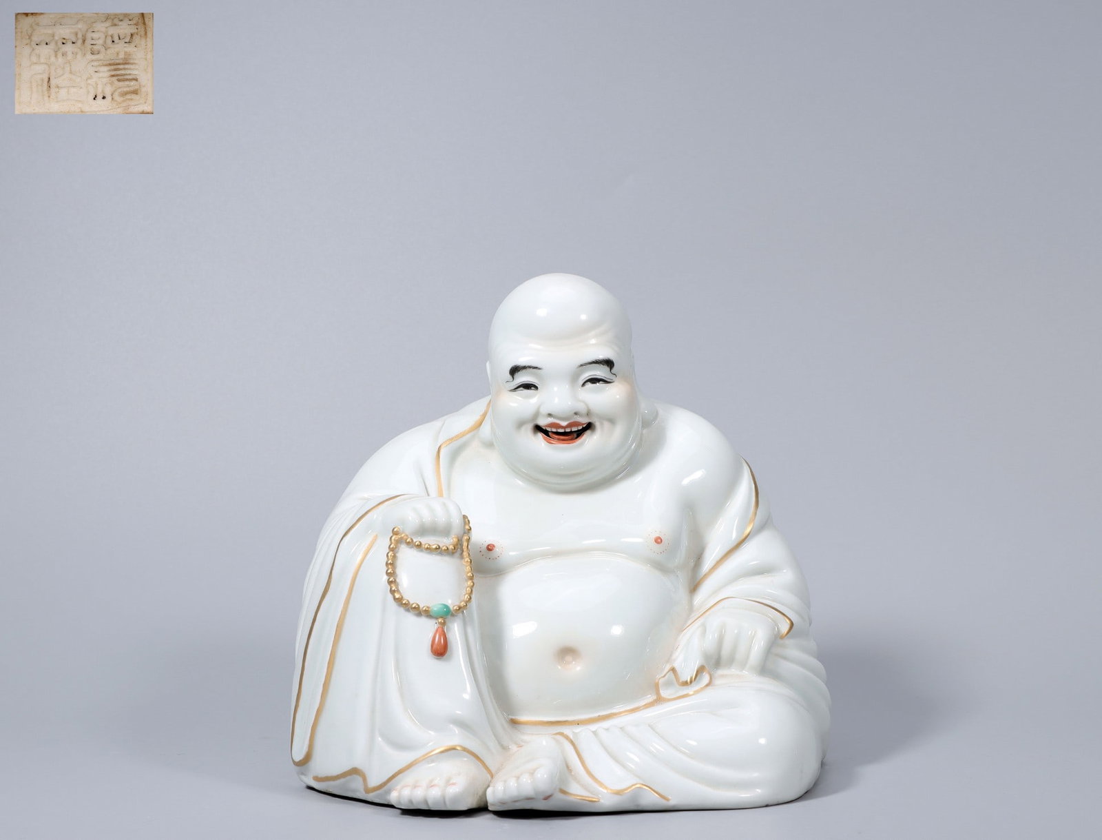 A Exquisite White Glaze Painted Gold Statue of Maitreya Buddha Ornament: A Exquisite White Glaze Painted Gold Statue of Maitreya Buddha Ornament,Republic of China,With Mark,Size:7.1inx5.5inx6.9in,Weight:1271g