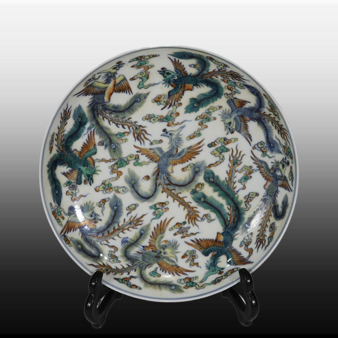 A Exquisite Doucai Phoenix Pattern Plate: A Exquisite Doucai Phoenix Pattern Plate,Qing Dynasty, China,Qianlong Six-character Mark,Size:8.1in