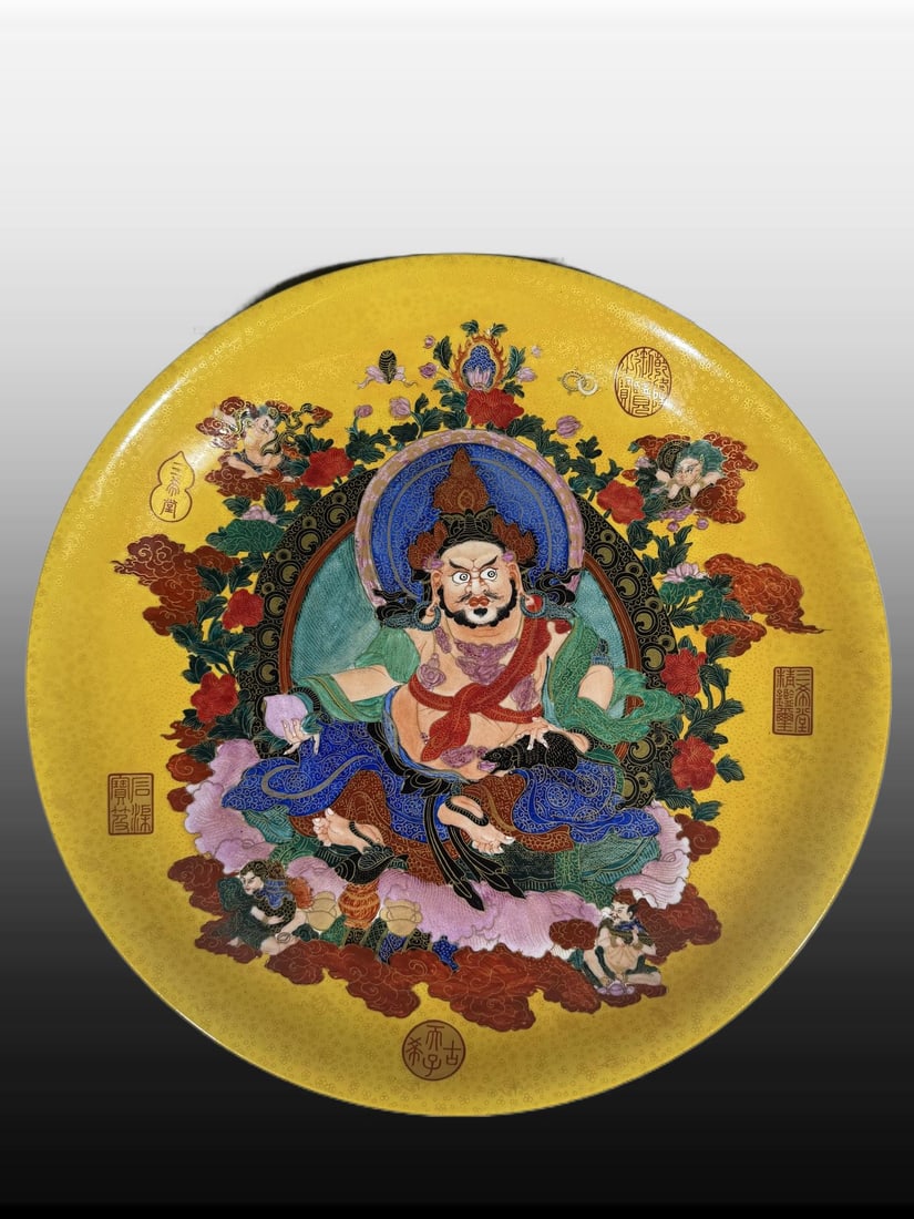 A Exquisite Enamel Painted Gold Mammon Thangka Plate: A Exquisite Enamel Painted Gold Mammon Thangka Plate,Qing Dynasty, China,Qianlong Six-character Mark,Size:17.3in