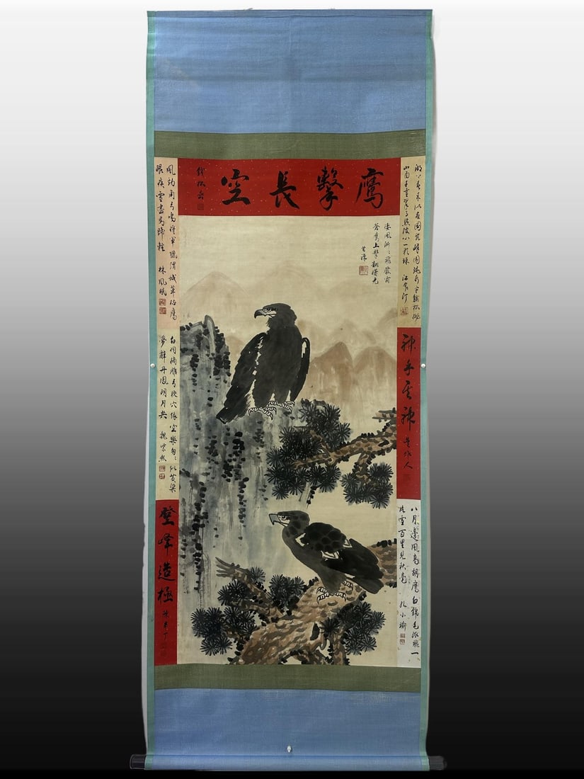 A Chinese Vertical Scroll Ink Painting of Eagle on Paper: A Chinese Vertical Scroll Ink Painting of Eagle on Paper,Modern Time of China,Li Kuchan,without frame size:59.1inx31.5in