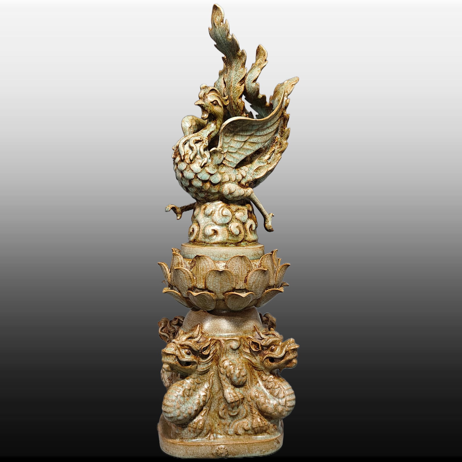 A Exquisite Ru Porcelain Phoenix Censer Ornament: A Exquisite Ru Porcelain Phoenix Censer Ornament,Song Dynasty, China,With Mark,Size:22inx6.3in 汝瓷凤炉摆件,中国宋代,带款