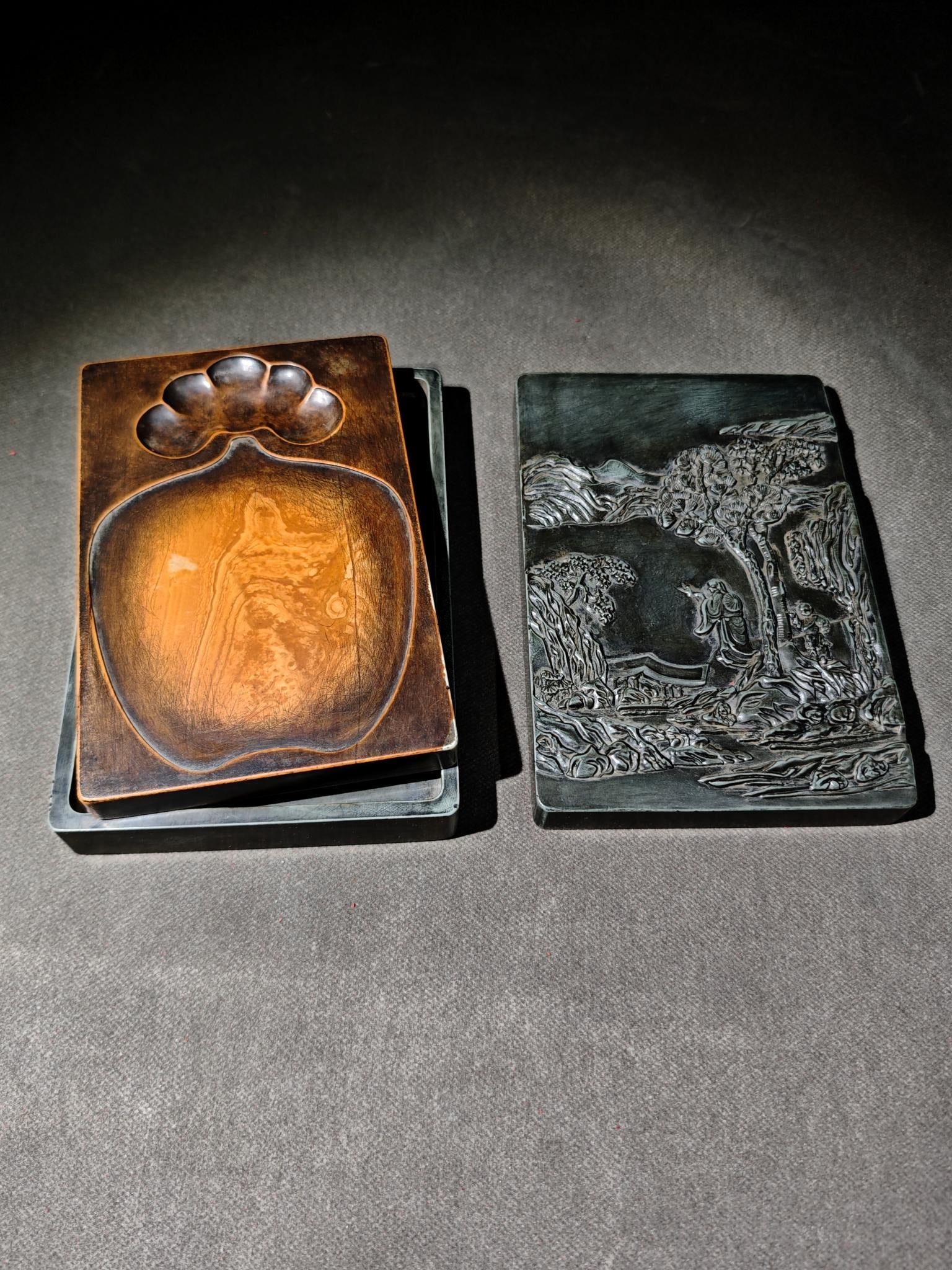 A Exquisite Songhua Stone Landscape Pattern Duan Inkstone: A Exquisite Songhua Stone Landscape Pattern Duan Inkstone,Qing Dynasty, China,With Mark,Size:7.4inx5inx1.8in 松花石山水纹端砚,中国清&#