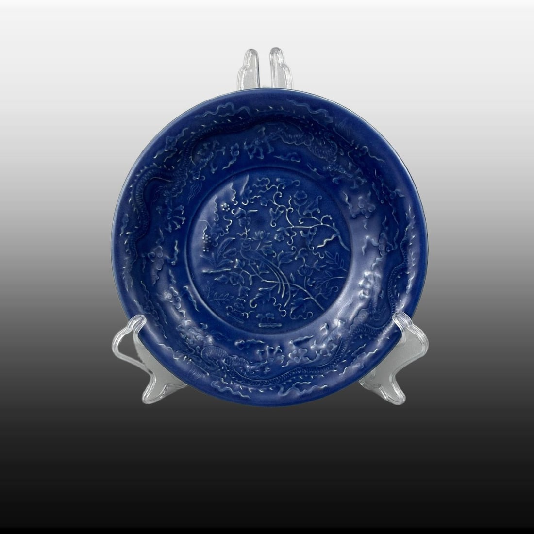 Ji Blue Glazed Flower and Bird Pattern Plate: Ji Blue Glazed Flower and Bird Pattern Plate,Ming Dynasty, China,Size:2.3inx10.5in 霁蓝釉花鸟纹盘,中国明代