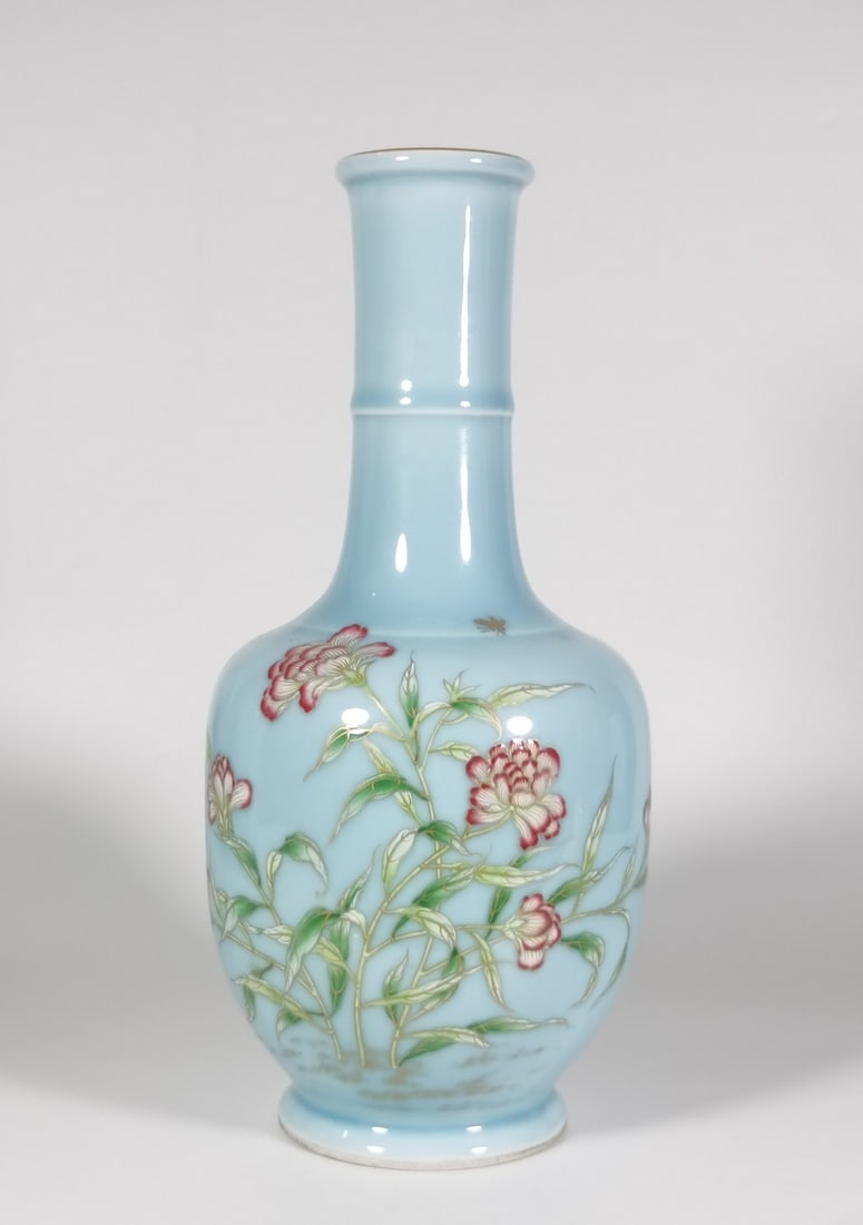 A Exquisite Enamel Sky Blue Glazed Flower Pattern Vase (1 of 9)