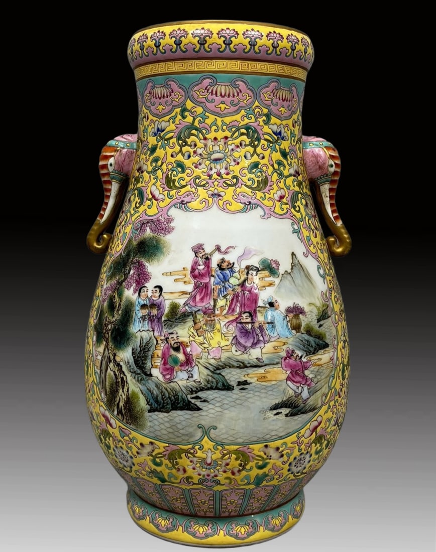 A Exquisite Yellow Ground Famille-Rose Lotus Figures Pattern Vase: A Exquisite Yellow Ground Famille-Rose Lotus Figures Pattern Vase,Qing Dynasty, China,Qianlong Six-character Mark,Size:19.3inx11in