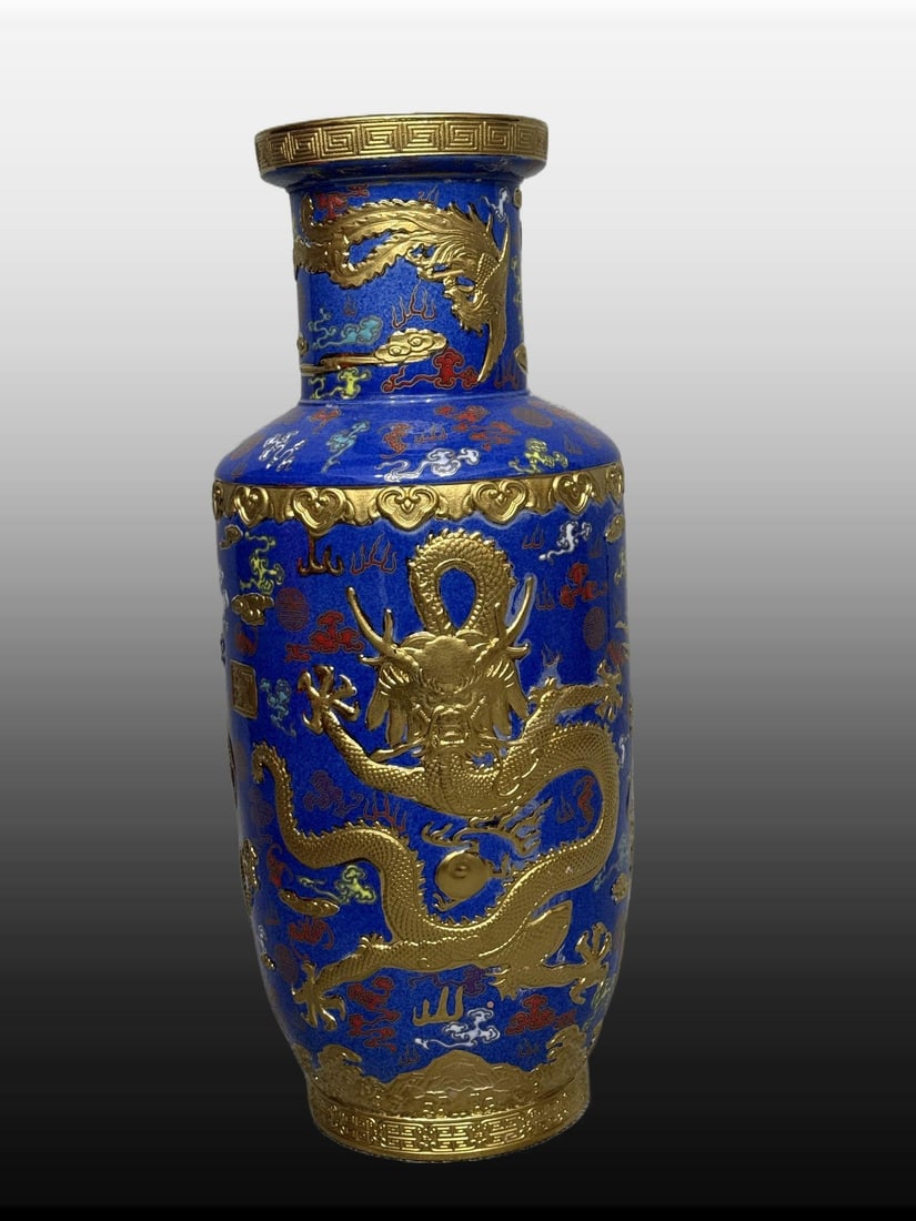 A Exquisite Blue Ground Painted Gold Dragon Pattern Vase: A Exquisite Blue Ground Painted Gold Dragon Pattern Vase,Qing Dynasty, China,Size:16.5inx8.7in 蓝地描金龙纹瓶,中国清代