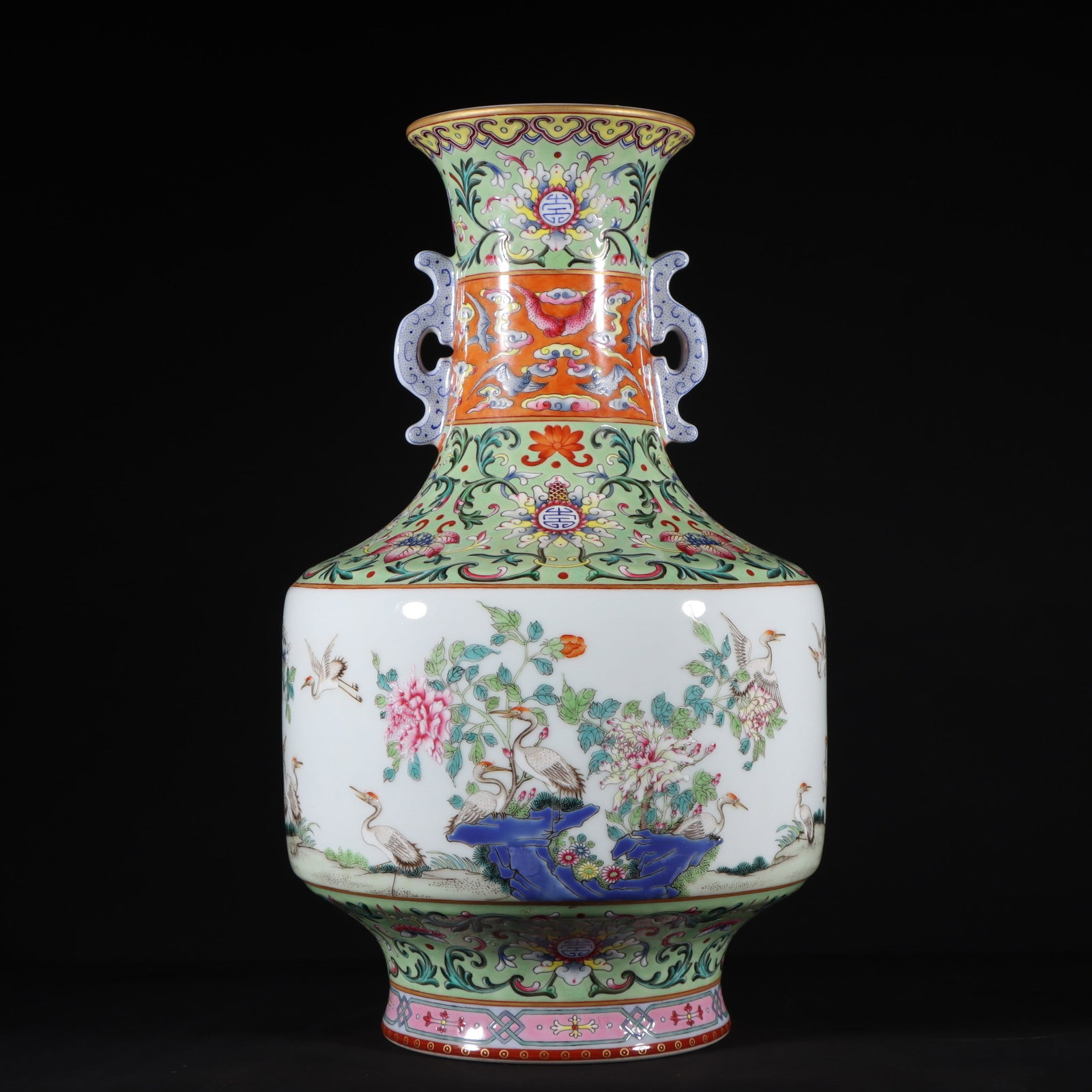 A Exquisite Famille-Rose Flower and Bird Pattern Double-Ears Vase: A Exquisite Famille-Rose Flower and Bird Pattern Double-Ears Vase,Qing Dynasty, China,Qianlong Six-character Mark,Size:12inx7.3in 粉彩花鸟纹双耳瓶,È
