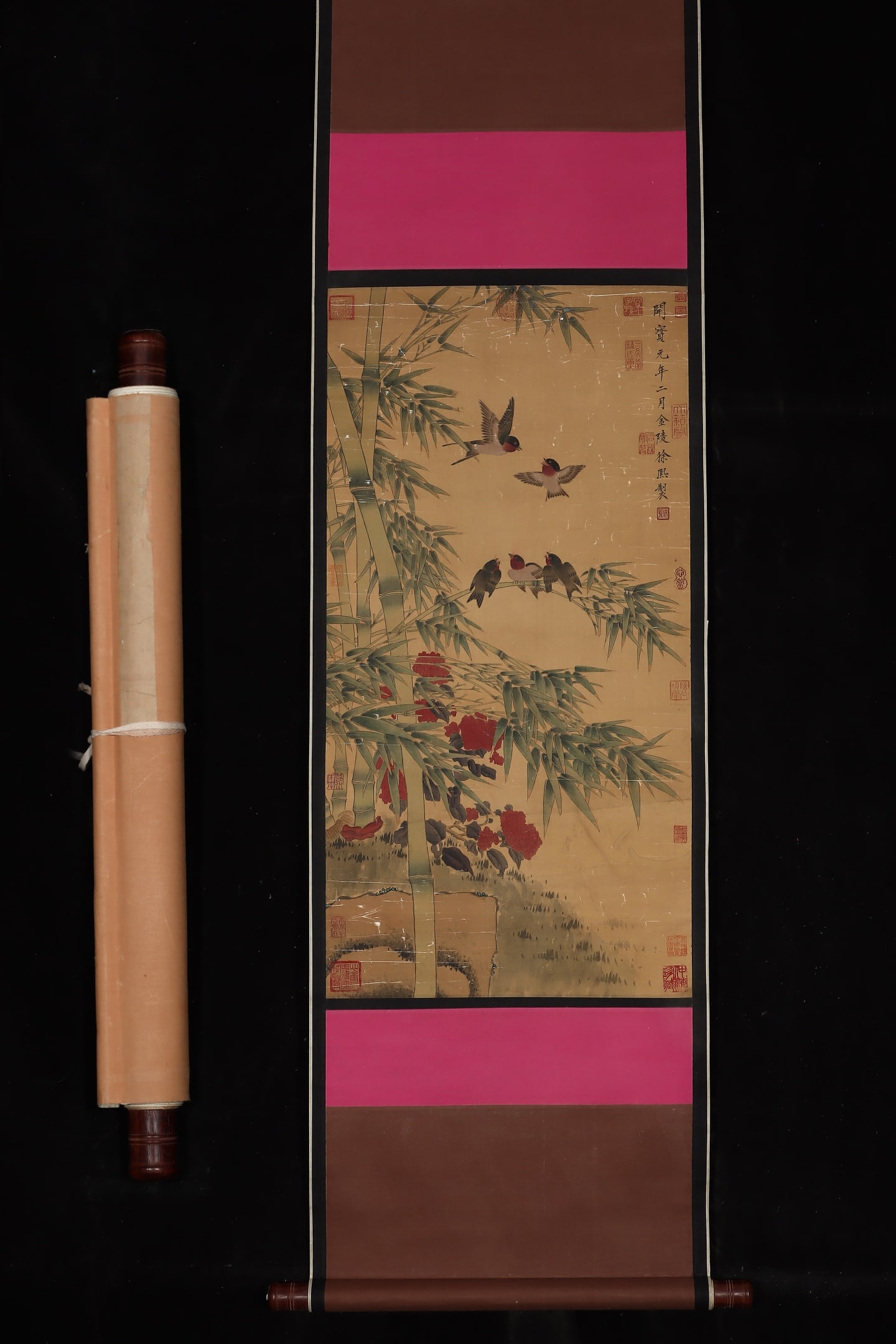 A Chinese Vertical Scroll Ink Painting of Flower and Bird on Silk: A Chinese Vertical Scroll Ink Painting of Flower and Bird on Silk,Song Dynasty, China,Xu Xi,without frame size:34.6inx17.7in