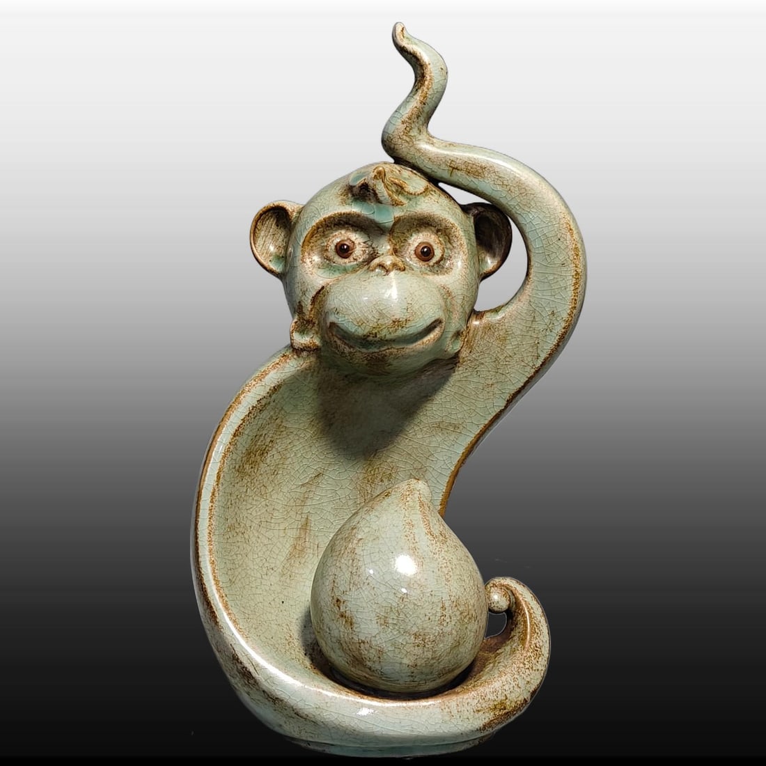 A Exquisite Ru Porcelain Monkey Ornament: A Exquisite Ru Porcelain Monkey Ornament,Song Dynasty, China,With Mark,Size:12inx5.9in 汝瓷猴摆件,中国宋代,带款