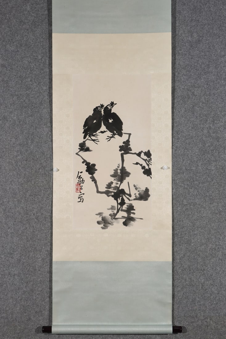 A Chinese Vertical Scroll Ink Painting of Flower and Bird on Paper: A Chinese Vertical Scroll Ink Painting of Flower and Bird on Paper,Modern Time of China,Li Kuchan,without frame size:26.8inx13.8in