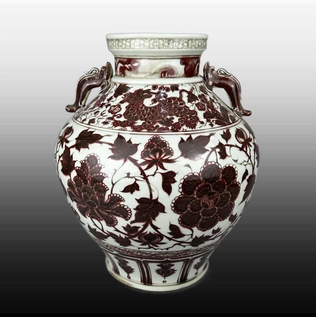 Underglaze-Red Lotus Pattern Double-Ears Jar: Underglaze-Red Lotus Pattern Double-Ears Jar,Yuan Dynasty, China,Size:15.9inx13.4in 釉里红缠枝莲纹双耳罐,中国元代
