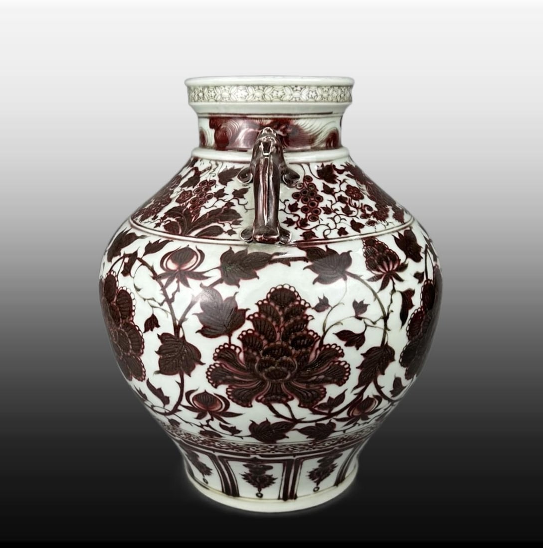 Underglaze-Red Lotus Pattern Double-Ears Jar - 3