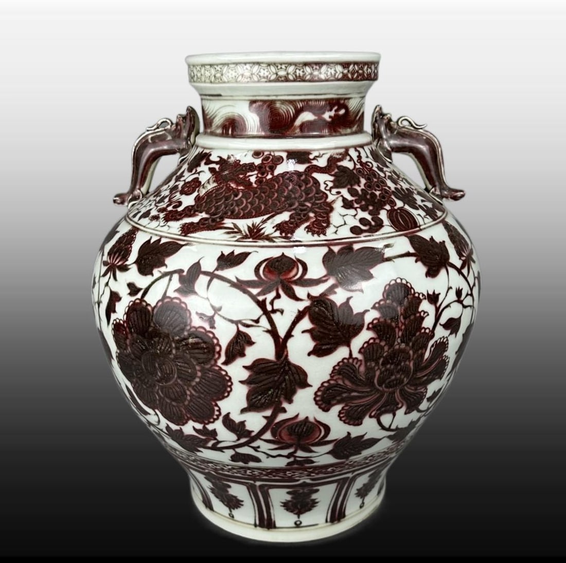 Underglaze-Red Lotus Pattern Double-Ears Jar - 4