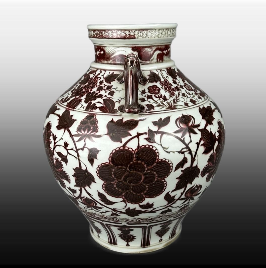 Underglaze-Red Lotus Pattern Double-Ears Jar - 5