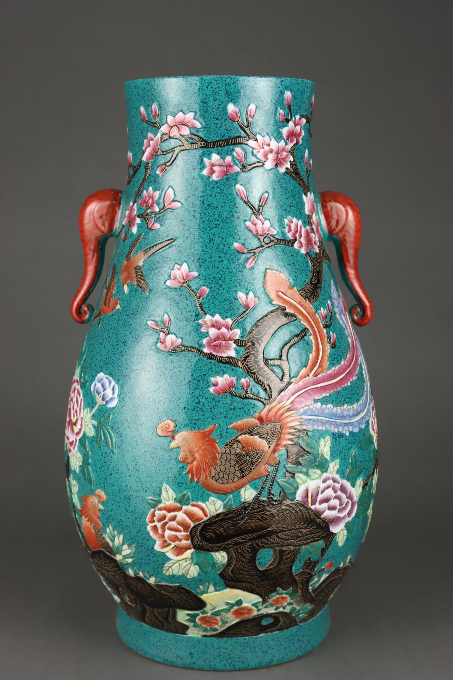 A Exquisite Doucai Flower and Bird Pattern Elephant Ears Vase: A Exquisite Doucai Flower and Bird Pattern Elephant Ears Vase,Qing Dynasty, China,Qianlong Six-character Mark,Size:19.7inx6.5inx11.4in