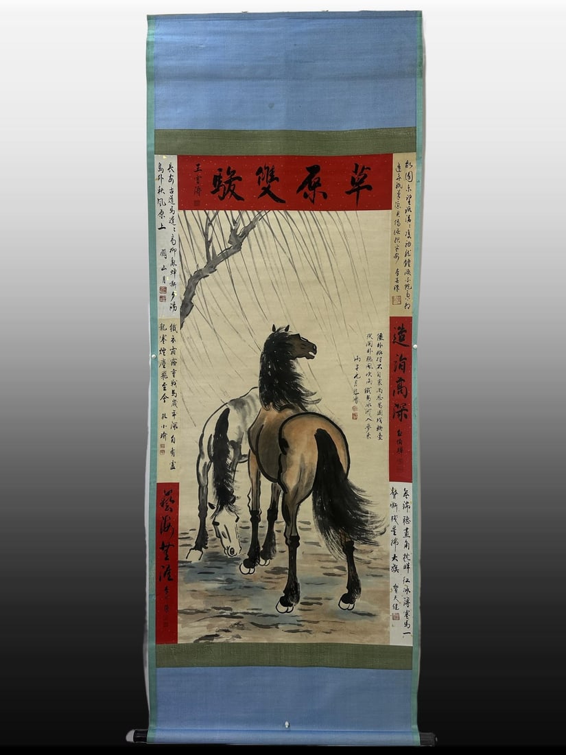 A Chinese Vertical Scroll Ink Painting of Horse on Paper: A Chinese Vertical Scroll Ink Painting of Horse on Paper,Modern Time of China,Xu Beihong,without frame size:59.1inx31.5in