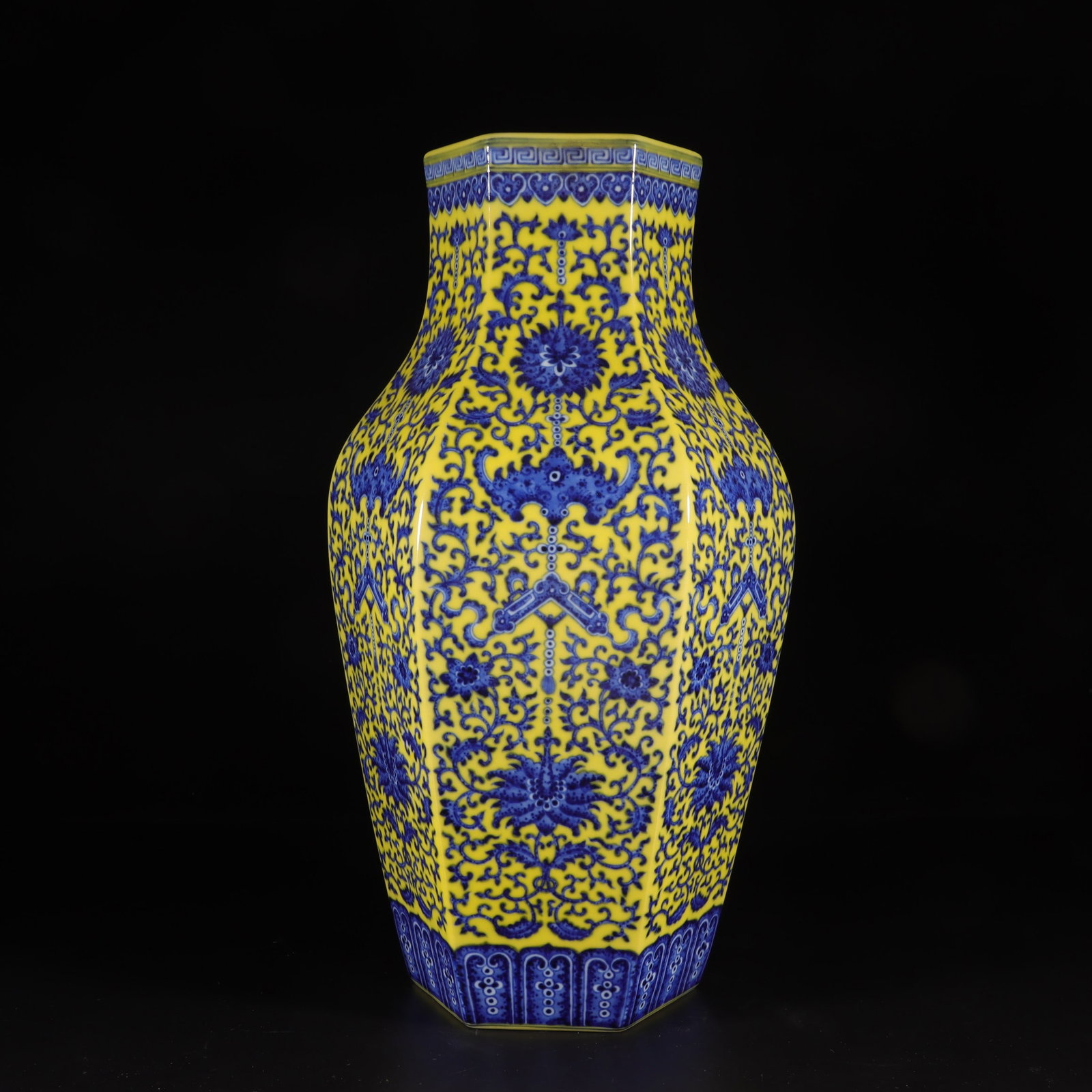 A Exquisite Lemon Yellow Glazed Blue and White Lotus Pattern Vase: A Exquisite Lemon Yellow Glazed Blue and White Lotus Pattern Vase,Qing Dynasty, China,Qianlong Six-character Mark,Size:15.6inx8.5in