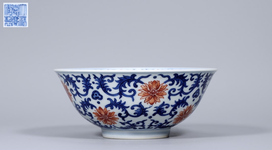 A Exquisite Blue and White Iron-Red Lotus Pattern Bowl: A Exquisite Blue and White Iron-Red Lotus Pattern Bowl,Qing Dynasty, China,Jiaqing Six-character Mark,Size:2.4inx5.7inx2.4in,Weight:241g
