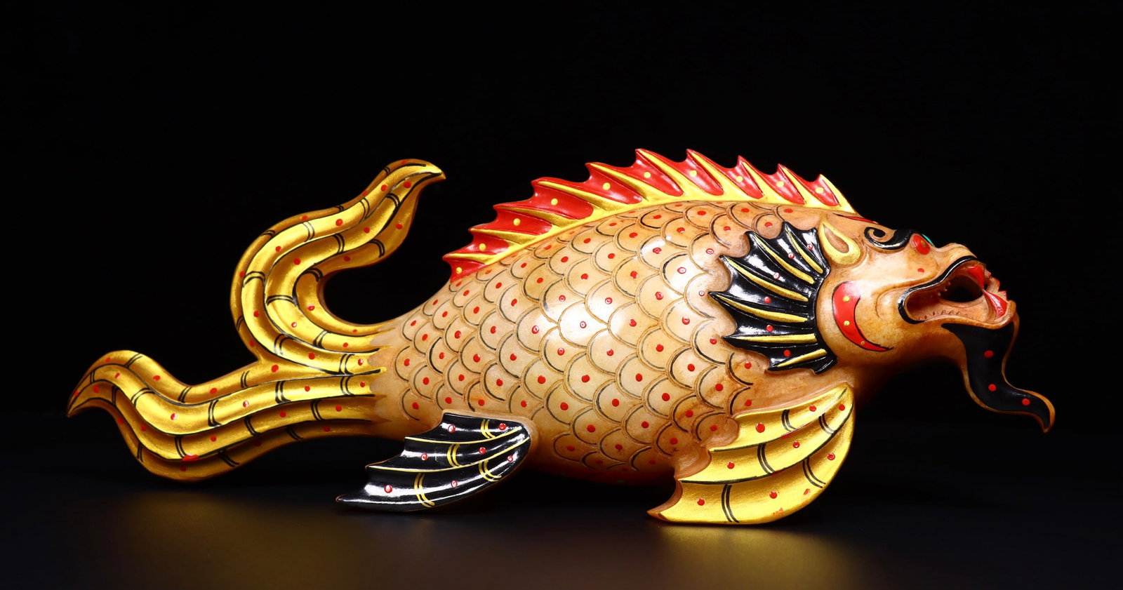A Exquisite Hotan Jade Painted Color Fish Ornament: A Exquisite Hotan Jade Painted Color Fish Ornament,Han Dynasty, China,Size:14.2inx3.5inx5.3in,Weight:2901g