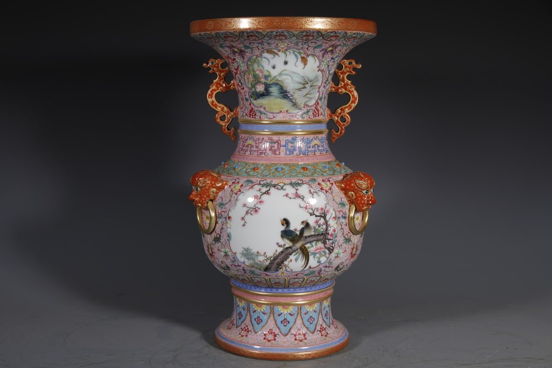 A Exquisite Enamel Lotus Pattern Flower and Bird Pattern Vase (1 of 8)